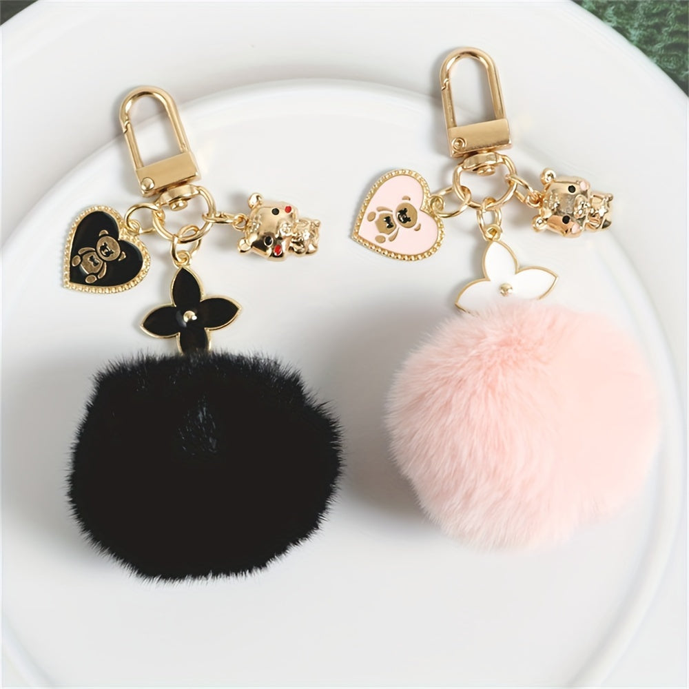 Fashion Heart and Teddy Bear Charm Keychain with Faux Fur Pom Pom, Creative Cute Wall-Mounted Key Hooks, Metallic Unfinished Style with Special Decorative Features